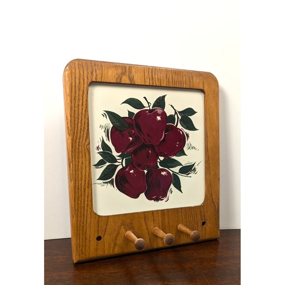 Unbranded Other - Vintage Oak Wooden Wall Key Holder Apple Decor 3 Peg Rack Country Farmhouse